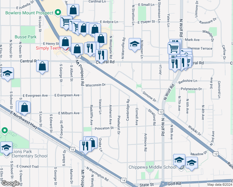 map of restaurants, bars, coffee shops, grocery stores, and more near 556 Pinehurst Drive in Des Plaines