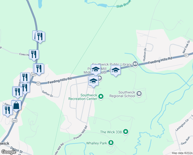 map of restaurants, bars, coffee shops, grocery stores, and more near 94 Powder Mill Road in Southwick