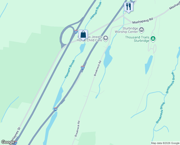 map of restaurants, bars, coffee shops, grocery stores, and more near 44 Breakneck Road in Sturbridge