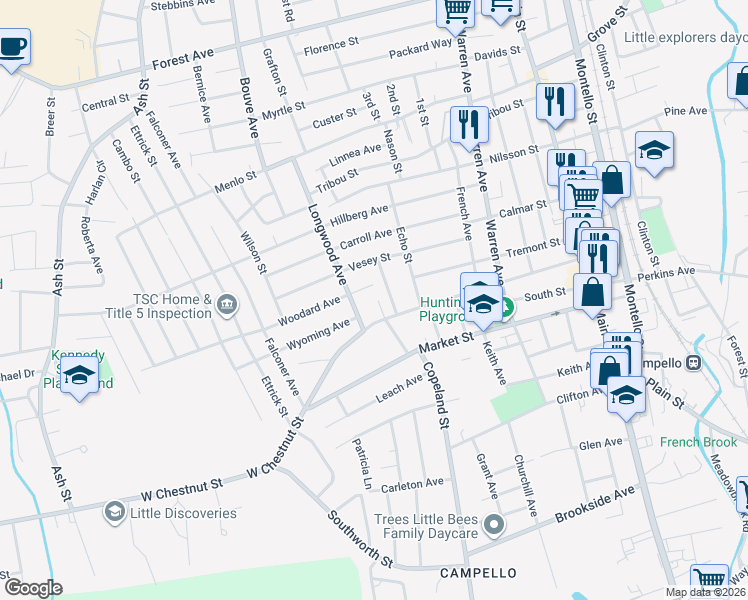 map of restaurants, bars, coffee shops, grocery stores, and more near 20 Stewart Avenue in Brockton