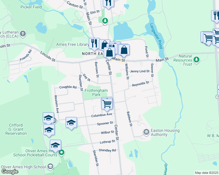 map of restaurants, bars, coffee shops, grocery stores, and more near 55 Center Street in Easton