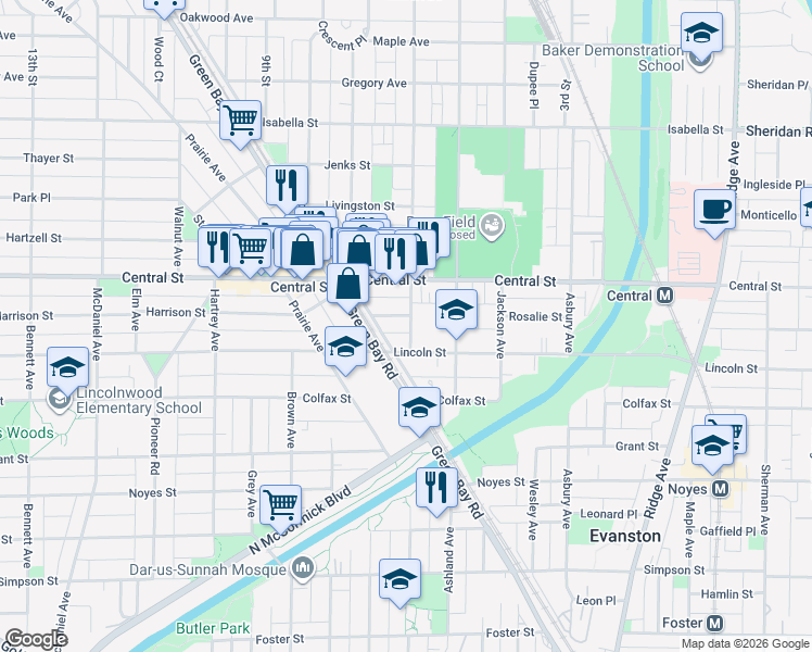 map of restaurants, bars, coffee shops, grocery stores, and more near 2438 Eastwood Avenue in Evanston