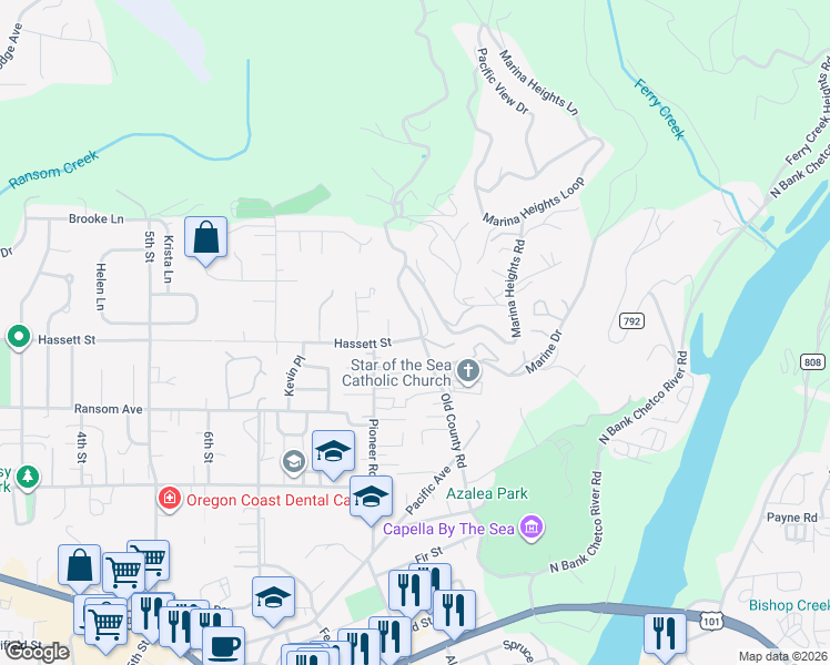 map of restaurants, bars, coffee shops, grocery stores, and more near 506 Hassett Street in Brookings