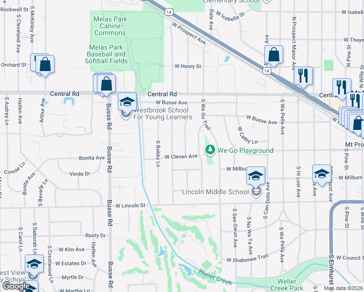 map of restaurants, bars, coffee shops, grocery stores, and more near 128 South Waverly Place in Mount Prospect
