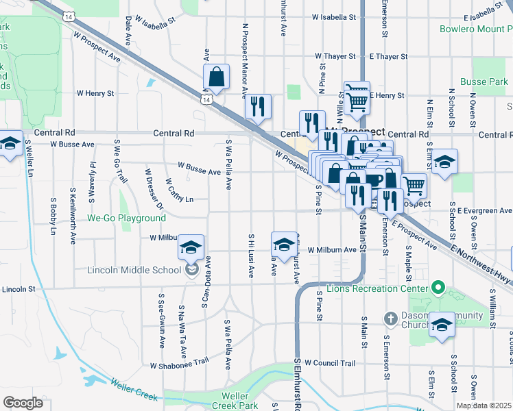map of restaurants, bars, coffee shops, grocery stores, and more near 121 South Hi Lusi Avenue in Mount Prospect