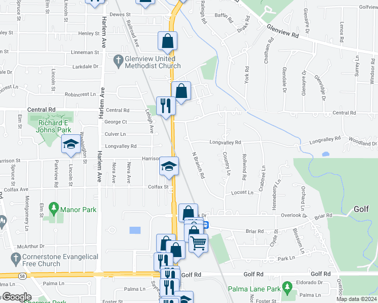 map of restaurants, bars, coffee shops, grocery stores, and more near 414 North Branch Road in Glenview