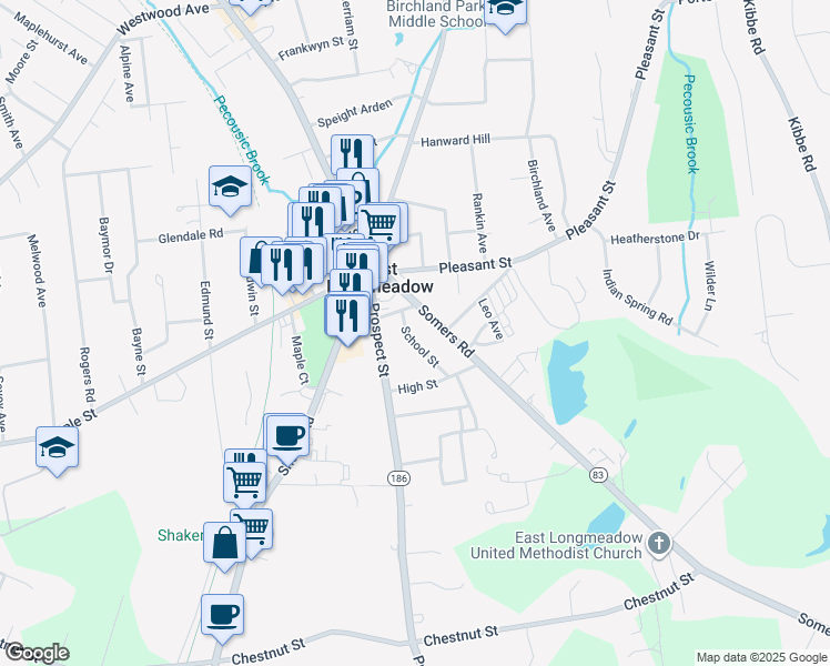 map of restaurants, bars, coffee shops, grocery stores, and more near 16 School Street in East Longmeadow