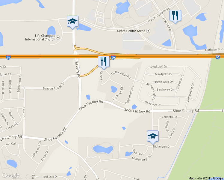map of restaurants, bars, coffee shops, grocery stores, and more near 2024 Ivy Ridge Drive in Hoffman Estates