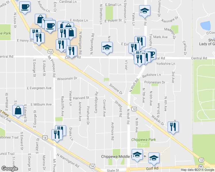 map of restaurants, bars, coffee shops, grocery stores, and more near 397 Simone Dr in Des Plaines