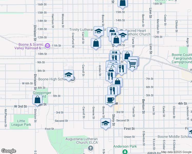 map of restaurants, bars, coffee shops, grocery stores, and more near 702 Greene Street in Boone
