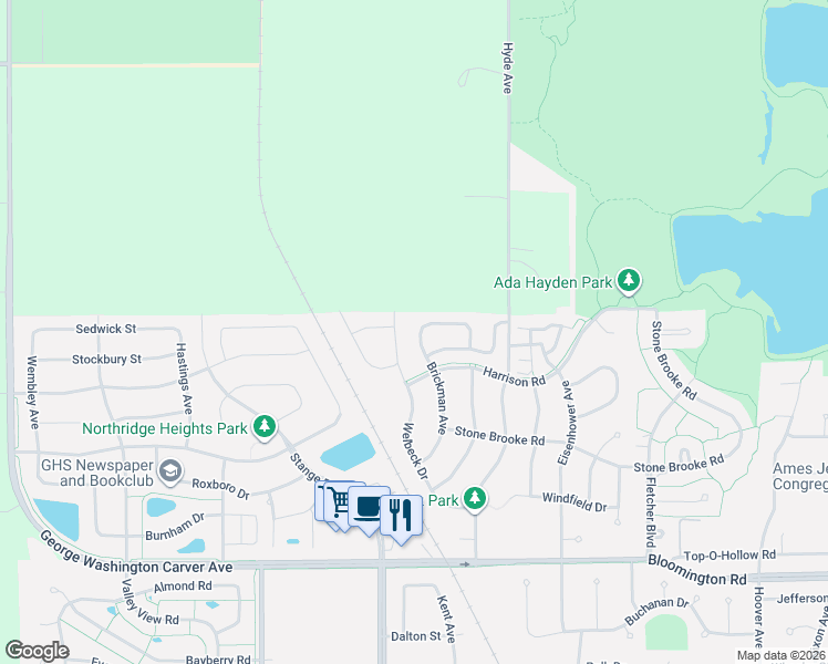 map of restaurants, bars, coffee shops, grocery stores, and more near 4223 Brickman Avenue in Ames