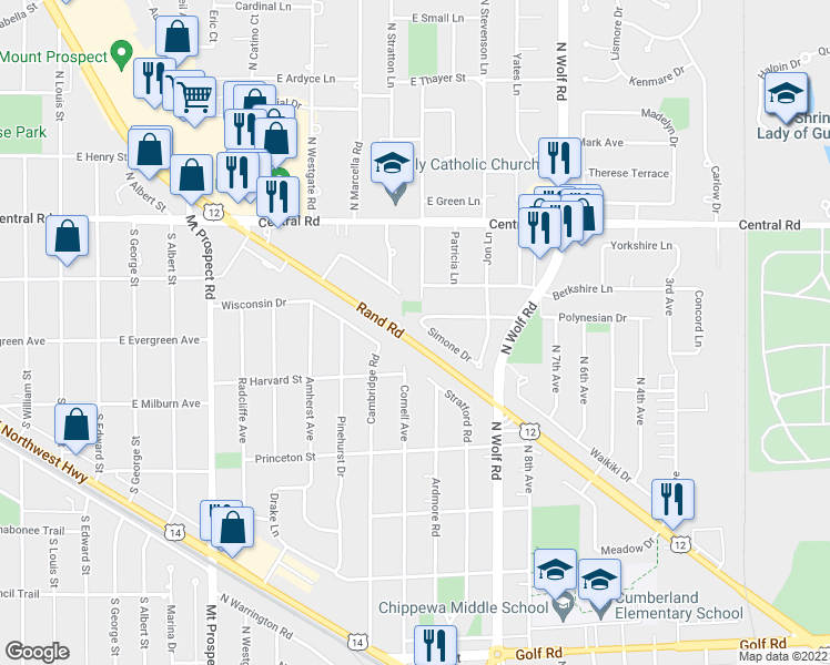 map of restaurants, bars, coffee shops, grocery stores, and more near 397 Simone Drive in Des Plaines