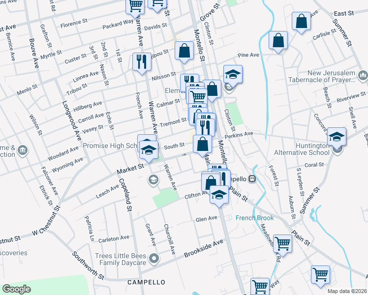 map of restaurants, bars, coffee shops, grocery stores, and more near 36 South Street in Brockton