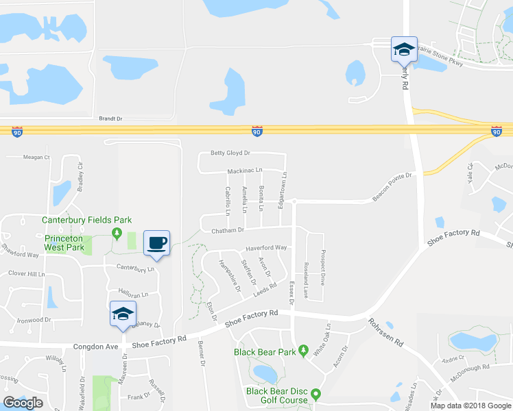 map of restaurants, bars, coffee shops, grocery stores, and more near 2082 Bonita Lane in Hoffman Estates