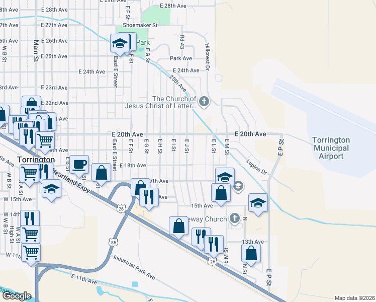 map of restaurants, bars, coffee shops, grocery stores, and more near 1800-1998 East J Street in Torrington