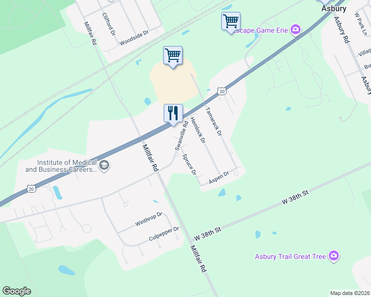 map of restaurants, bars, coffee shops, grocery stores, and more near 3031 Spruce Dr in Erie