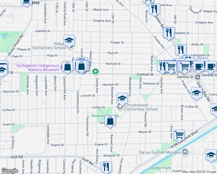 map of restaurants, bars, coffee shops, grocery stores, and more near 2704 Harrison Street in Evanston