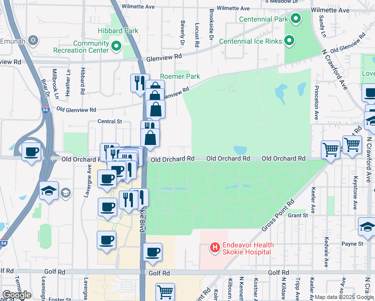 map of restaurants, bars, coffee shops, grocery stores, and more near 4300 Old Orchard Road in Skokie
