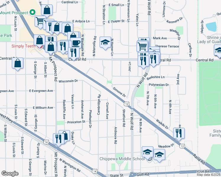 map of restaurants, bars, coffee shops, grocery stores, and more near 397 Simone Drive in Des Plaines
