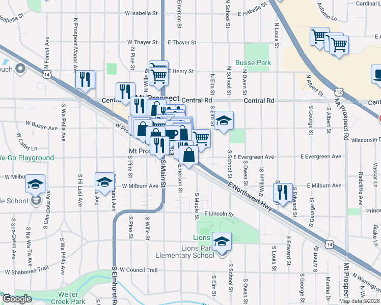 map of restaurants, bars, coffee shops, grocery stores, and more near 108 East Northwest Highway in Mount Prospect