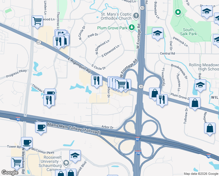 map of restaurants, bars, coffee shops, grocery stores, and more near 4700 Arbor Drive in Rolling Meadows
