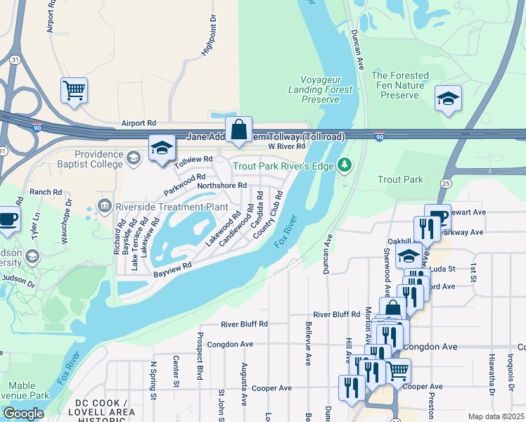 map of restaurants, bars, coffee shops, grocery stores, and more near 1205 Candida Road in Elgin