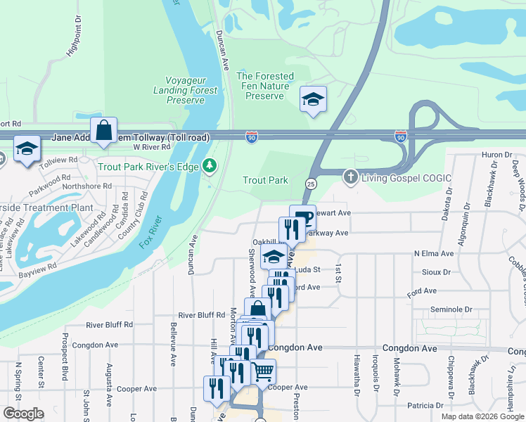 map of restaurants, bars, coffee shops, grocery stores, and more near 1401 Sherwood Avenue in Elgin