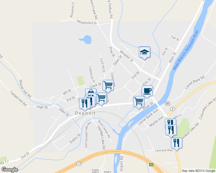 map of restaurants, bars, coffee shops, grocery stores, and more near 16 Dean St in Deposit