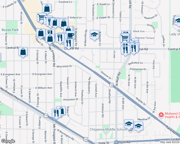 map of restaurants, bars, coffee shops, grocery stores, and more near 330 Wisconsin Drive in Des Plaines