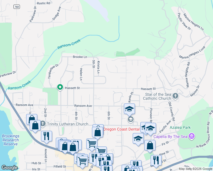 map of restaurants, bars, coffee shops, grocery stores, and more near 865 Jodee Lane in Brookings