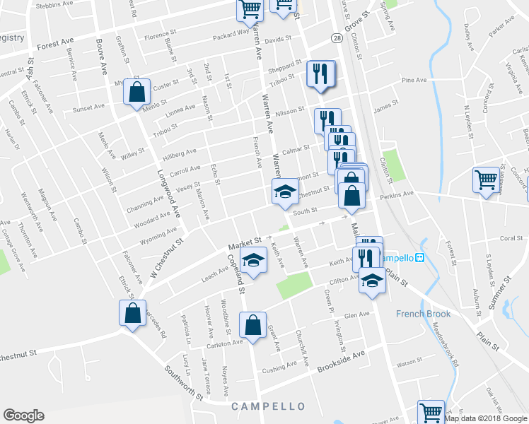 map of restaurants, bars, coffee shops, grocery stores, and more near 108 West Chestnut Street in Brockton