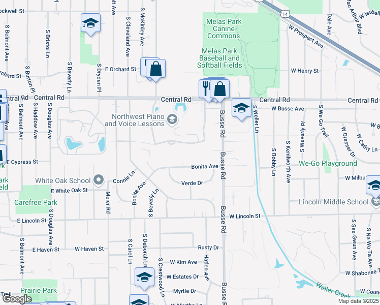 map of restaurants, bars, coffee shops, grocery stores, and more near 1605 East Central Road in Arlington Heights