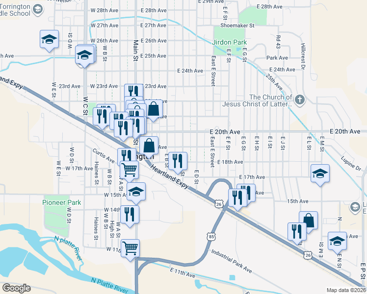 map of restaurants, bars, coffee shops, grocery stores, and more near 401 East 19th Avenue in Torrington