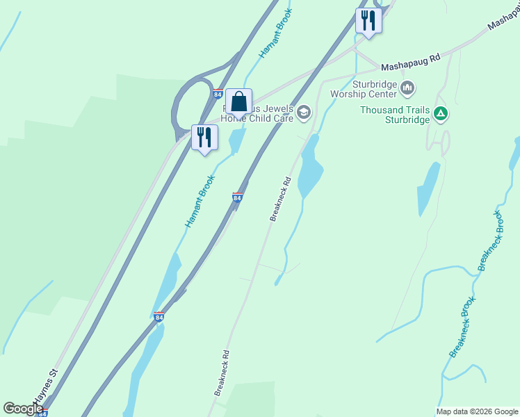 map of restaurants, bars, coffee shops, grocery stores, and more near 44 Breakneck Road in Sturbridge