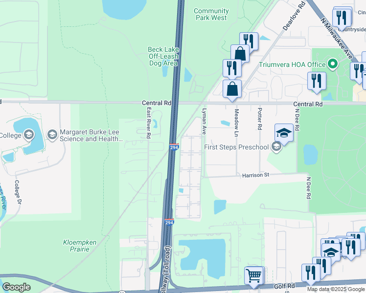 map of restaurants, bars, coffee shops, grocery stores, and more near 10061 Linda Lane in Des Plaines