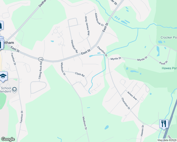 map of restaurants, bars, coffee shops, grocery stores, and more near 45 Cobb Road in Wrentham