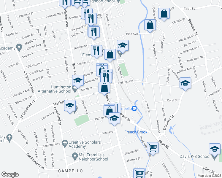 map of restaurants, bars, coffee shops, grocery stores, and more near 10 East Market Street in Brockton