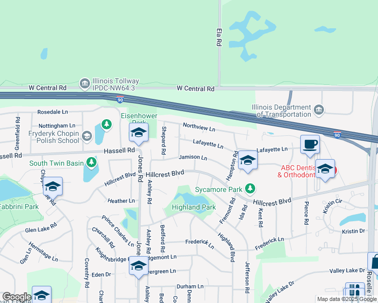 map of restaurants, bars, coffee shops, grocery stores, and more near 620 Jamison Lane in Hoffman Estates