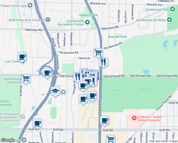 map of restaurants, bars, coffee shops, grocery stores, and more near 4844 Old Orchard Road in Skokie