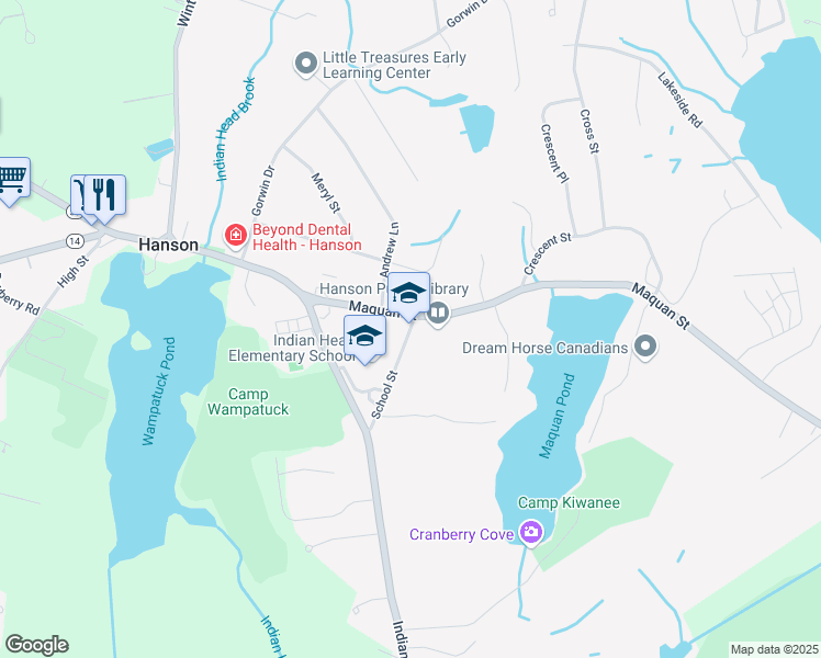 map of restaurants, bars, coffee shops, grocery stores, and more near 38 School Street in Hanson