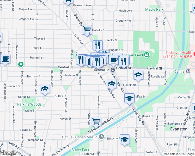 map of restaurants, bars, coffee shops, grocery stores, and more near 2008 Harrison Street in Evanston