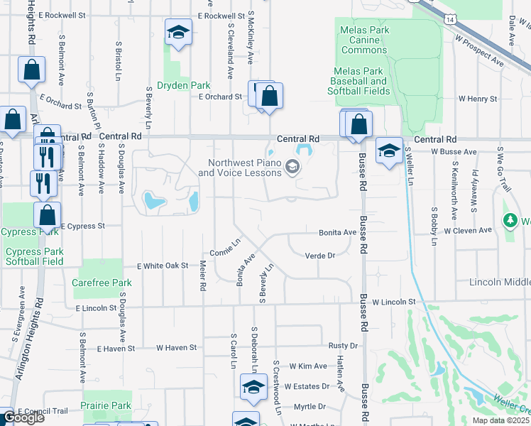map of restaurants, bars, coffee shops, grocery stores, and more near 1415 East Central Road in Arlington Heights
