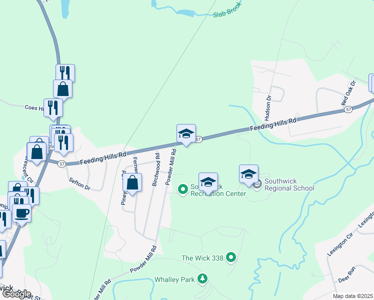 map of restaurants, bars, coffee shops, grocery stores, and more near 94 Powder Mill Road in Southwick
