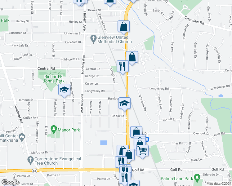 map of restaurants, bars, coffee shops, grocery stores, and more near 1729 Longvalley Road in Glenview