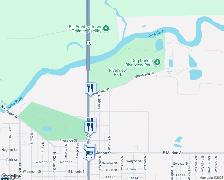 map of restaurants, bars, coffee shops, grocery stores, and more near 541-723 Woodland Street in Marshalltown