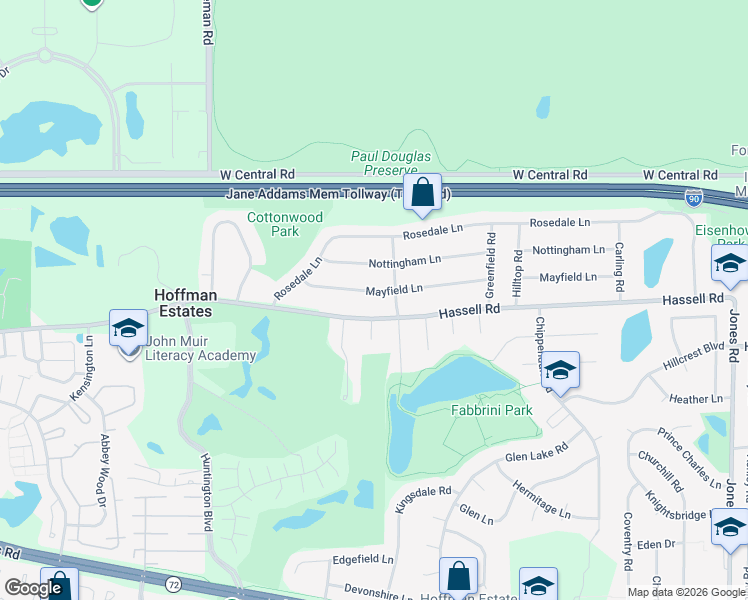 map of restaurants, bars, coffee shops, grocery stores, and more near 1415 Mayfield Lane in Hoffman Estates