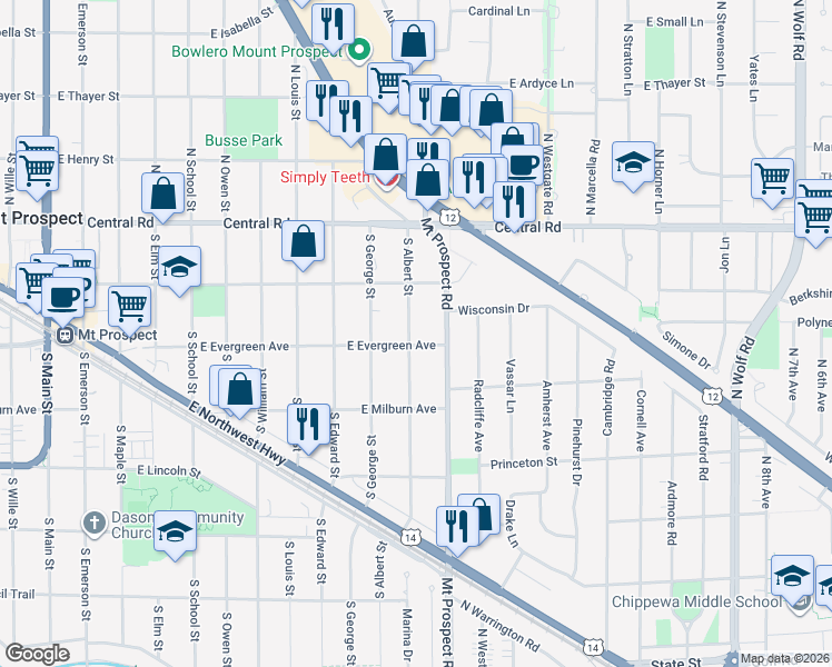 map of restaurants, bars, coffee shops, grocery stores, and more near 119 South Albert Street in Mount Prospect