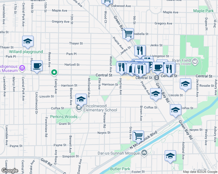 map of restaurants, bars, coffee shops, grocery stores, and more near 2302 Harrison Street in Evanston