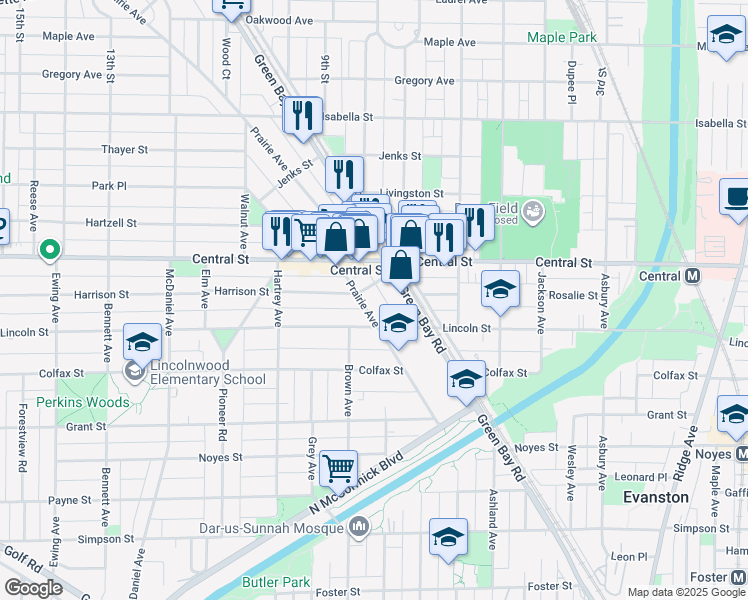 map of restaurants, bars, coffee shops, grocery stores, and more near 2455 Prairie Avenue in Evanston