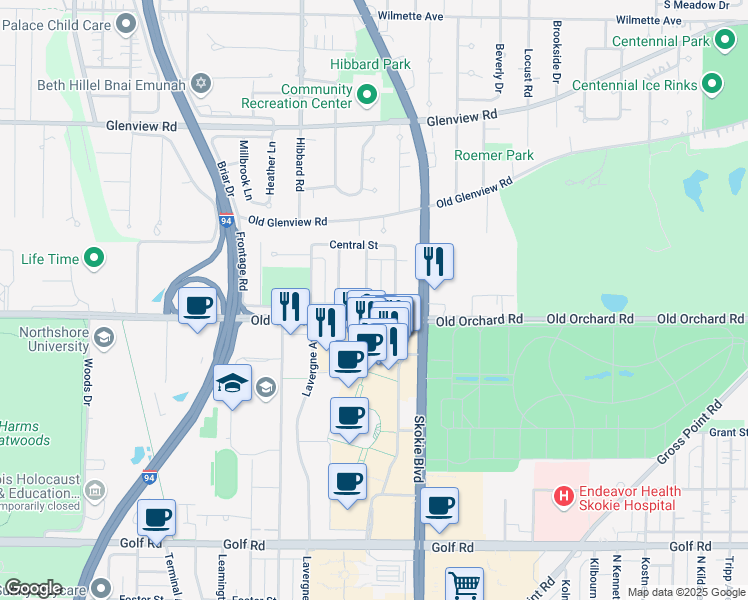map of restaurants, bars, coffee shops, grocery stores, and more near 4844 Old Orchard Road in Skokie